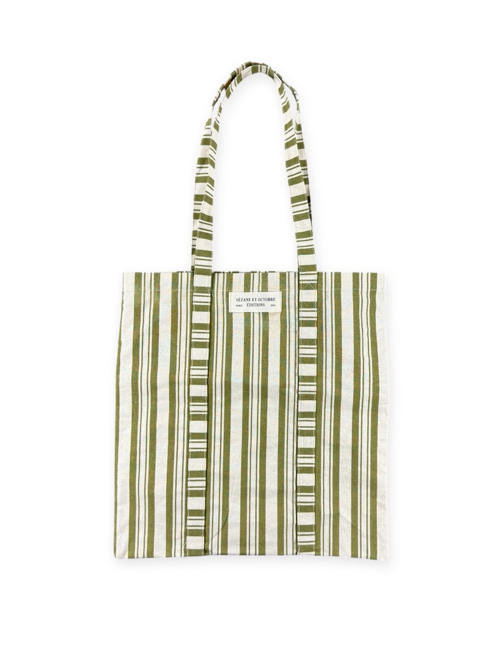 Sezane Striped Canvas Olive Tote Bag with Handles